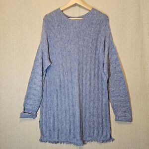 J. JILL Women Marled Blue Tunic Length Fringe Split Hem Knit Beach Sweater Large